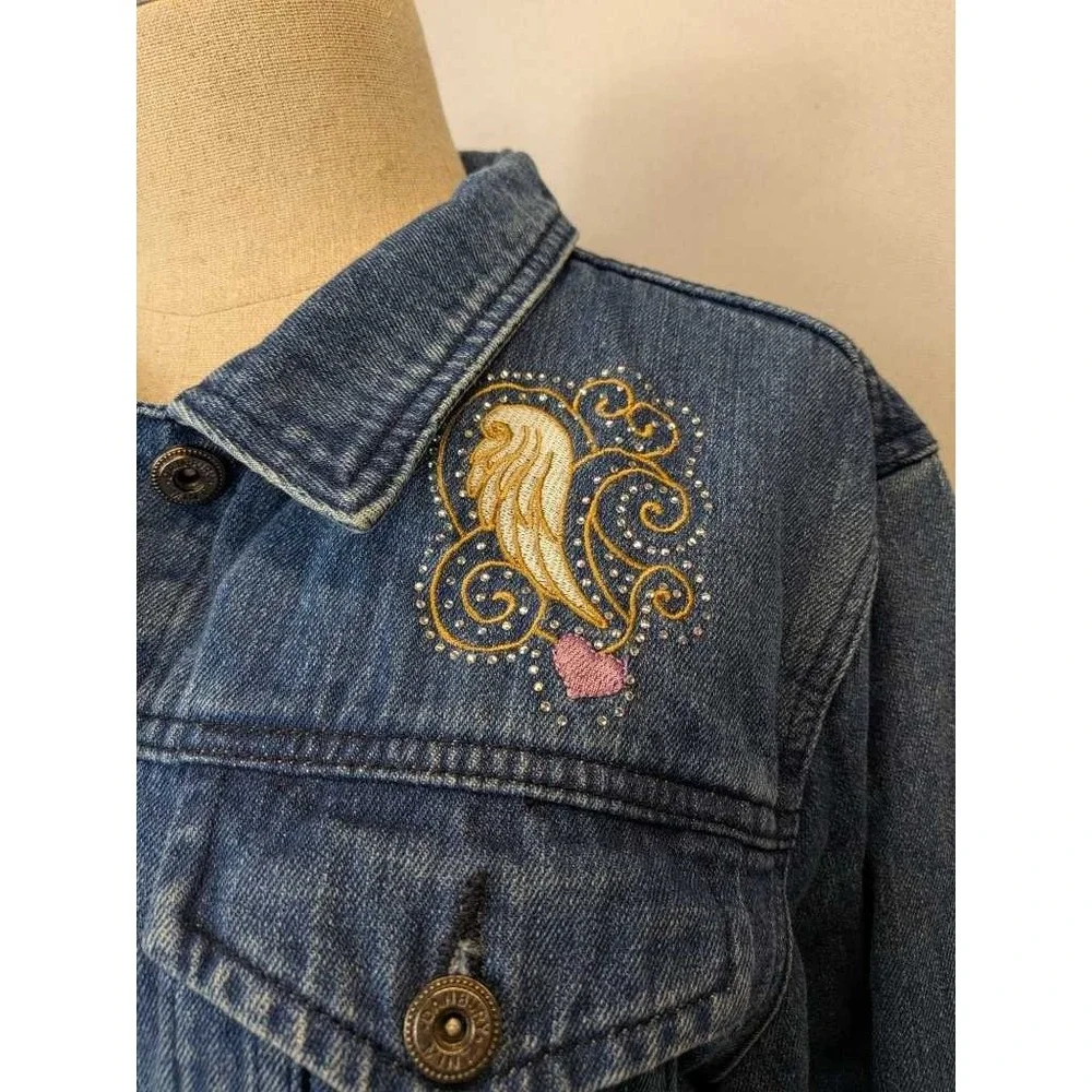 Women's Danbury Denim Jacket Size L Embroidered‎ Wings Heart Faye Jean